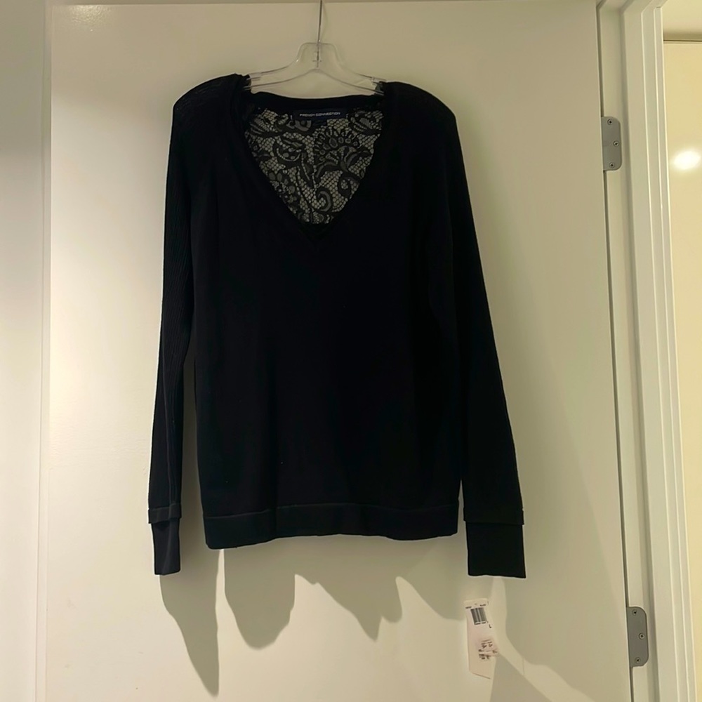 NWT - beautiful French Connection black sweater with lace AND silk size Large